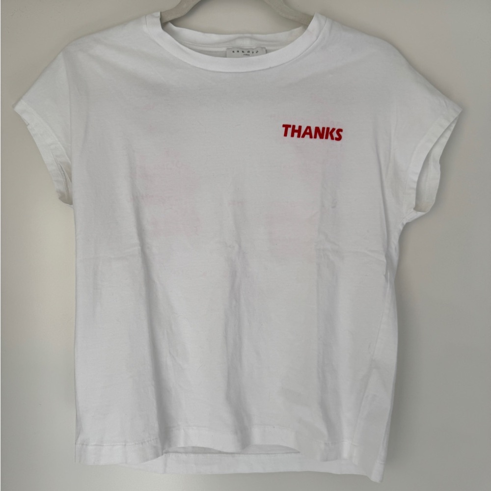 Sandro White Tee with Red 'THANKS' Print